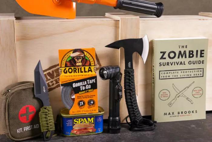 zombie-apocalypse-supplies-in-a-holiday-gift-basket